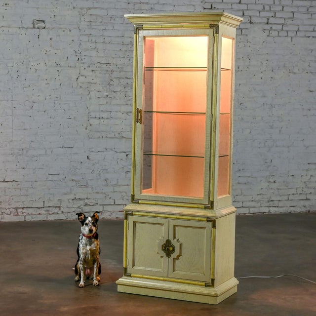 Late 20th Century Asian Chinoiserie & Campaign Style Lighted Narrow Display Cabinet Style of Drexel For Sale - Image 6 of 12