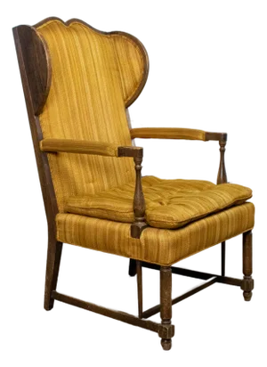 Mid-20th Century Rustic Colonial Style High Wingback Fireside Chair Oak Frame Gold Stripe Fabric