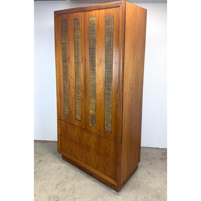 Wood Mid Century Modern Milo Baughman Style Walnut & Cane Armoire / Wardrobe For Sale - Image 7 of 12