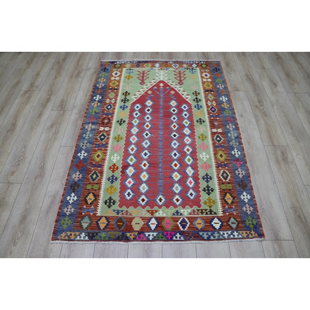 Red 1980s Tribal Blue Handmade Ethnic Kilim For Sale - Image 8 of 8