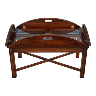 Cherry Chippendale Butler Coffee Table W. Glass Top For Sale