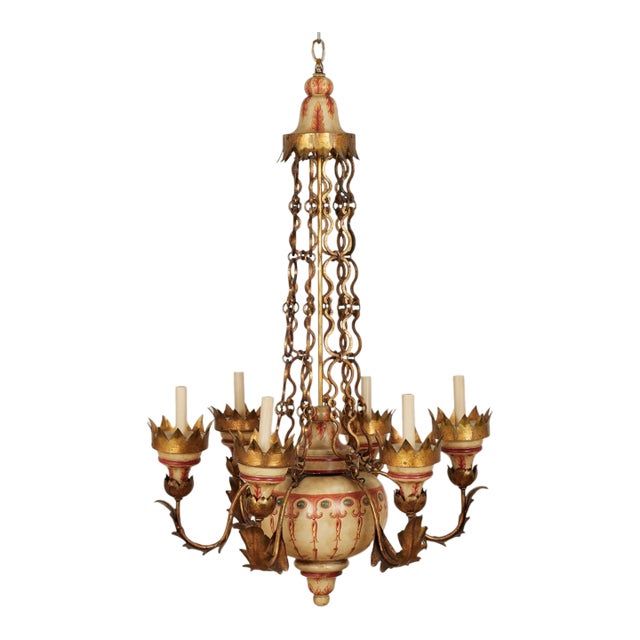 Antique Italian Gilt Metal and Painted Wood Chandelier For Sale