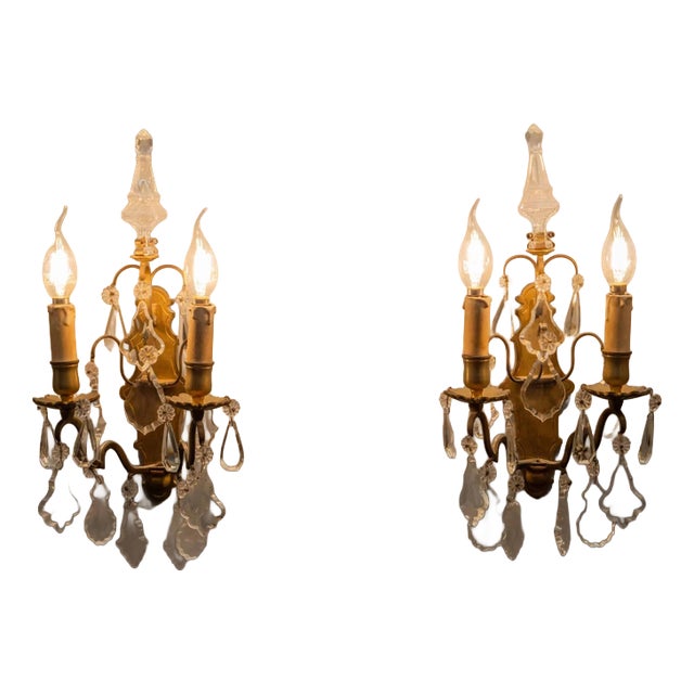 Bronze Wall Lamps with Crystal Trimmings, Set of 2 For Sale