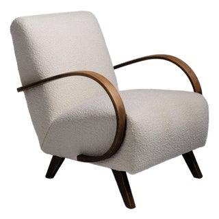 20th Century Czech Republic Warm Ivory Boucle Curved-Arm Lounge Chair For Sale