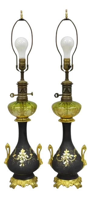 Antique Victorian French Black Porcelain Bronze Ormolu Oil Lamp Table Lamps Pair