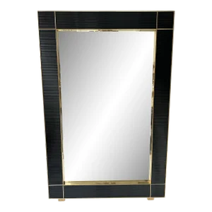 Large Contemporary Brass and Black Fluted Murano Glass Mirror, Italy