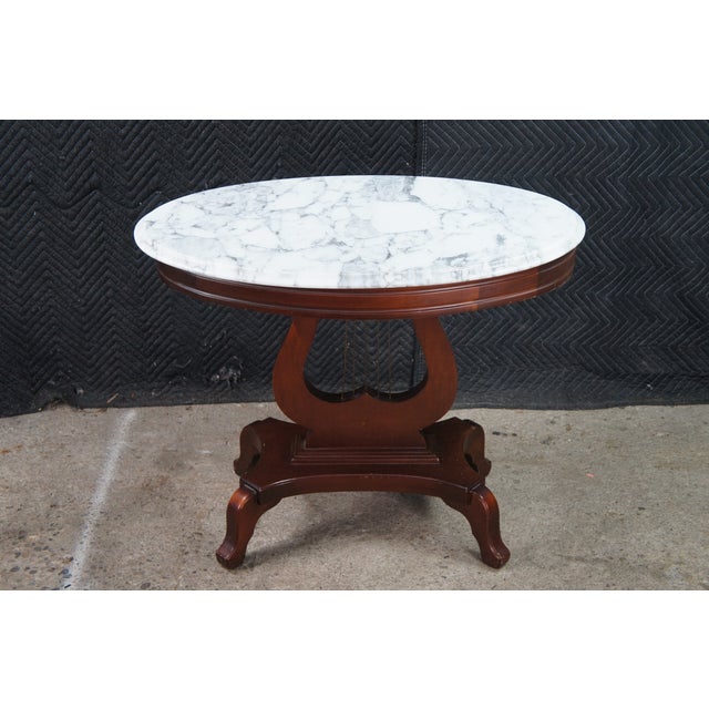 1970s 2 Victorian Revival Cherry Marble Top Lyre Harp Hall Entry Parlor Console Tables For Sale - Image 6 of 13