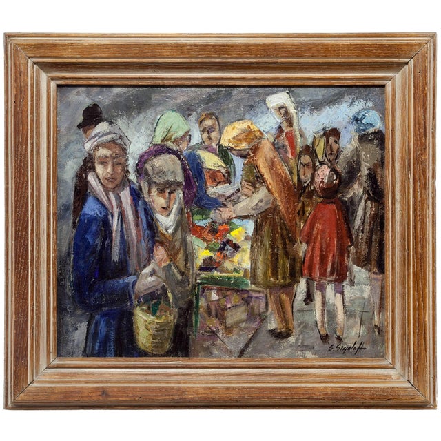 Samuel Sigaloff, Jewish Peddlers on Market Day Modernist Judaica OIl Painting Cubist Abstraction For Sale