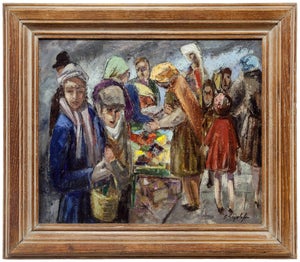 Samuel Sigaloff, Jewish Peddlers on Market Day Modernist Judaica OIl Painting Cubist Abstraction