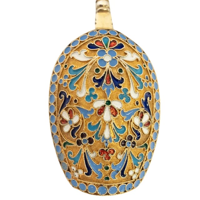 Metal Antique Imperial Russian Silver Gilt Cloisonne Tea Caddy Spoon Moscow 1880 For Sale - Image 7 of 12