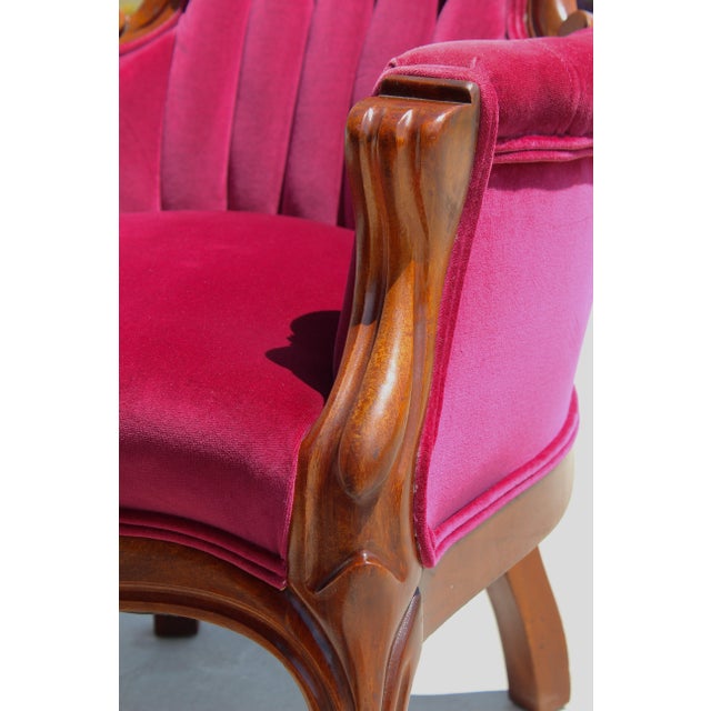 Vintage Victorian Revival Mahogany His & Hers Parlor Chairs Red Velvet Pair For Sale - Image 13 of 18