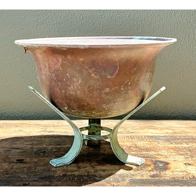 Copper Vintage Patinated Copper Bowl on Verdigris Stand For Sale - Image 8 of 12