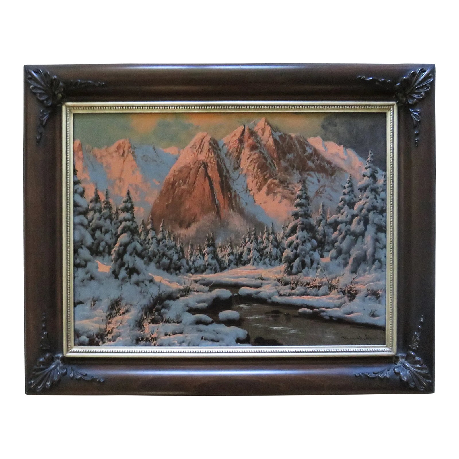 Mid 20th Century Snowy Mountain Landscape Oil Painting by