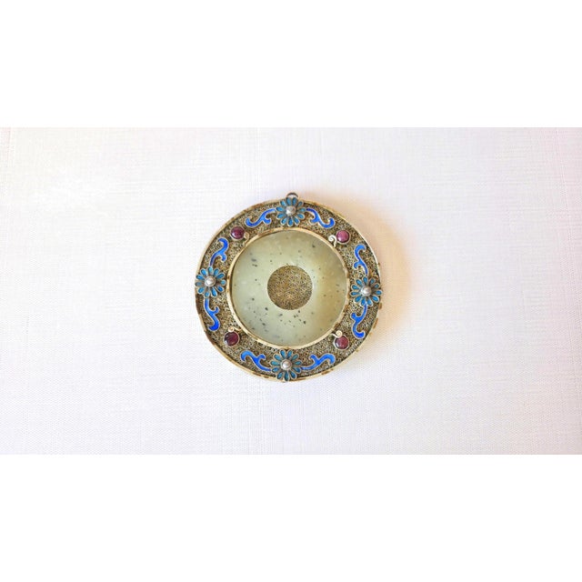 Vintage Chinese Hetian Jade Disc Bi in Silver Enamel Frame with Rubies and Pearls, Qing Dynasty A Chinese Hetian Jade Bi...