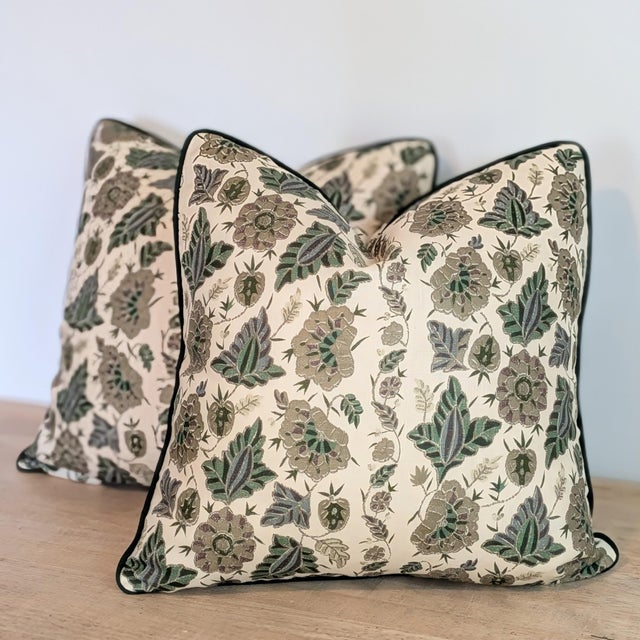 Soane Britain Filigree Flower in Gilt on Stone Linen 20" Pillows With Green Cord - Double Sided For Sale - Image 4 of 7