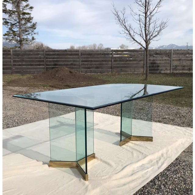 Pace Collection 1970s Pace Collection Glass Dining Table With Double Pedestal Glass and Brass Base For Sale - Image 4 of 11