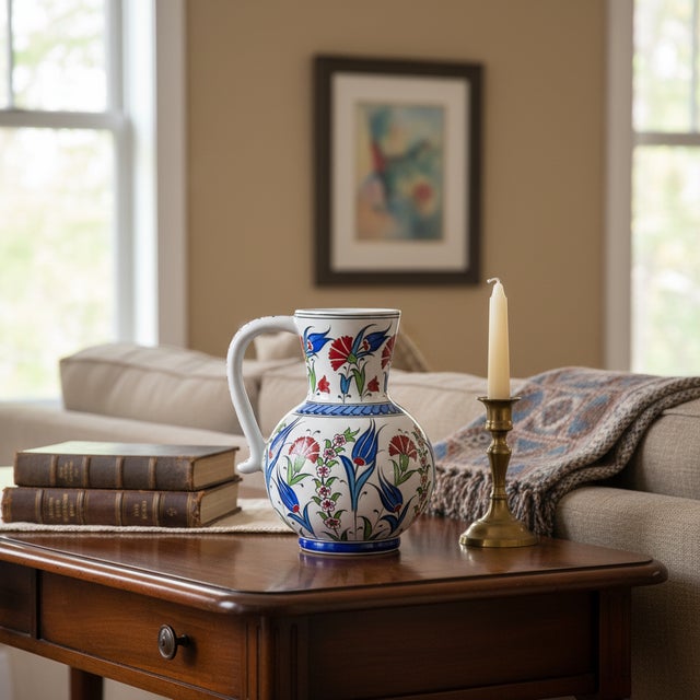 Handmade Ceramic Pitcher Vase (20cm) Classic Red Carnation and Blue Tulip For Sale - Image 6 of 12