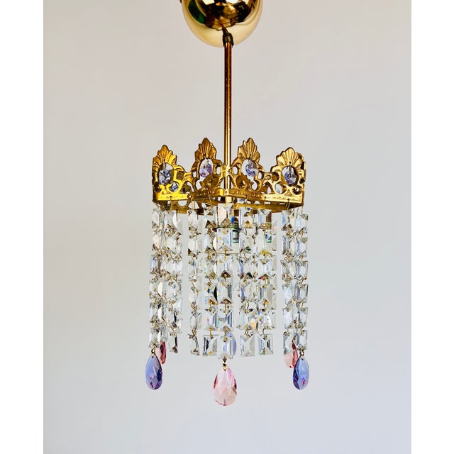 Vintage Brass Crystal Mini Chandelier With Pink Purple Prisms For Sale - Image 12 of 13