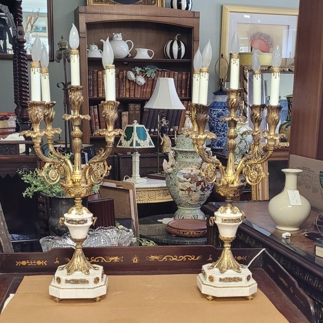 1950s Pair French Stone and Gilt Brass Candelabra Lamps For Sale - Image 9 of 16