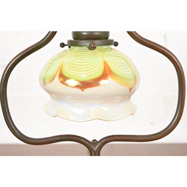 Metal Tiffany Studios New York Bronze Harp Desk Lamp With Pulled Feather Favrile Glass Shade For Sale - Image 7 of 14