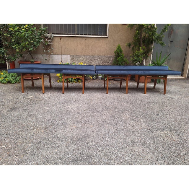 Bench in Light Wood with Electric Blue Velvet Seat, 1960s For Sale - Image 18 of 18