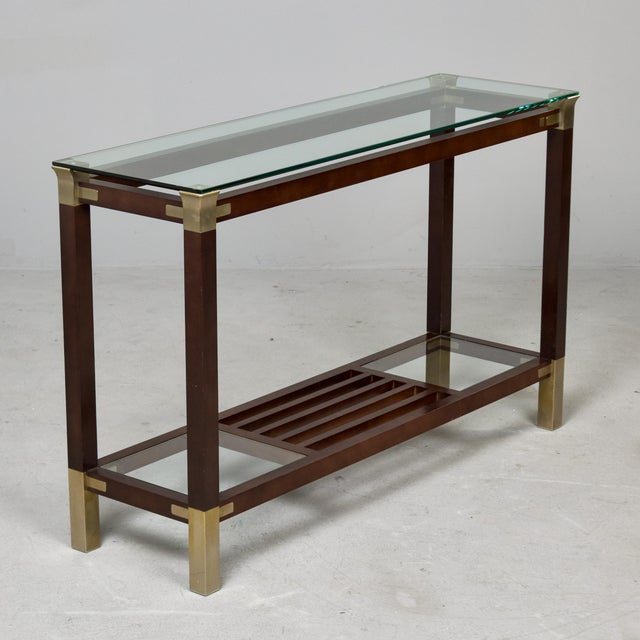 Italian Mid-Century Walnut & Brass Console Table With Glass Top For Sale - Image 9 of 13