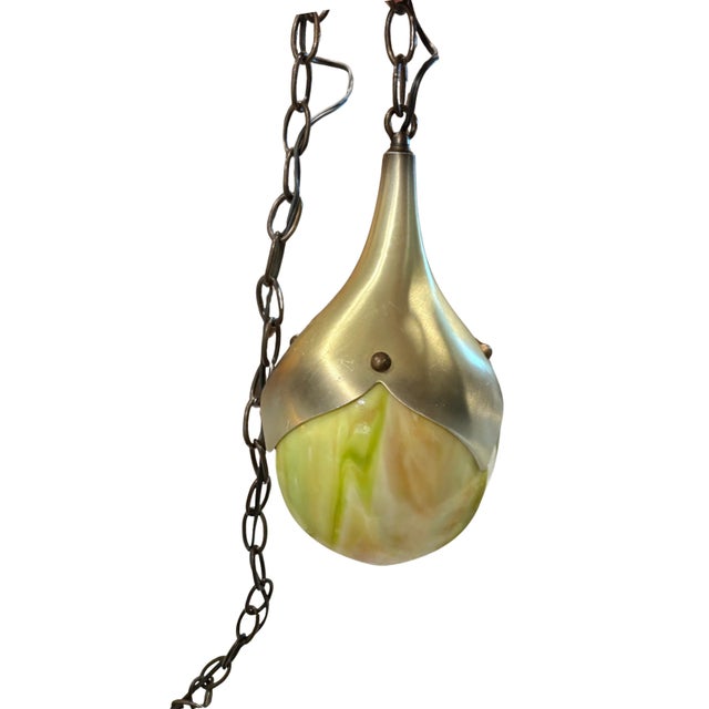 Mid Century Modern Slag Glass & Aluminum 1-Light Pendant, Ca. 1940 Swag Lotus Tulip Pendant Light Fixture For Sale - Image 9 of 10