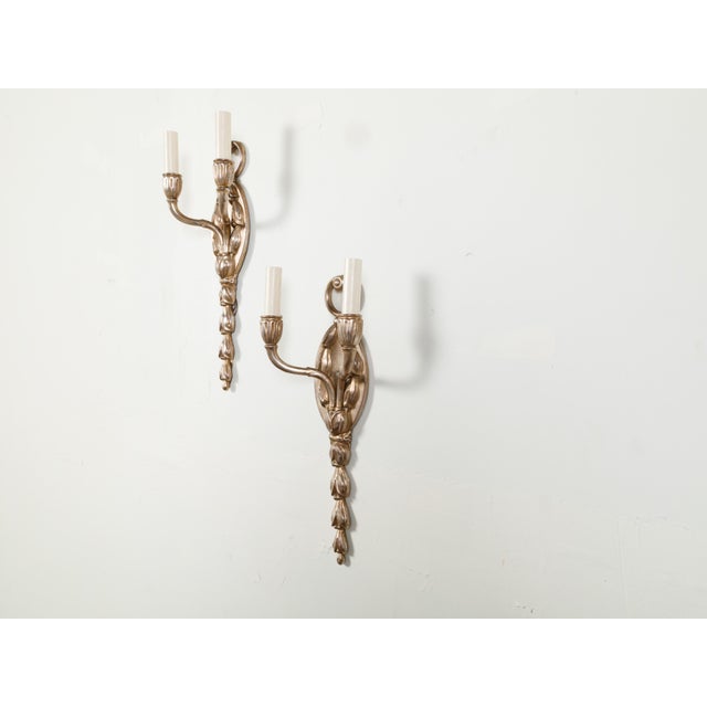 Mid 20th Century English Silver Plated Two-Light Wall Sconces with Foliage - Pair For Sale - Image 4 of 8