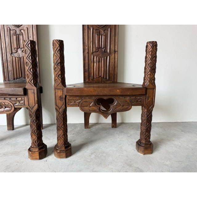 Antique Spanish Gothic Revival Carved Wood Throne Chairs – A Pair/ Sold For Sale - Image 9 of 12