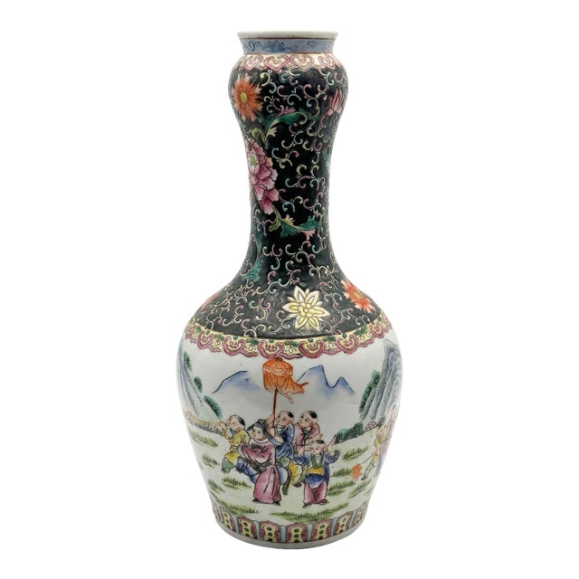 Vintage 14" Famille Noire & Rose "Boys at Play" Vase by Turtle and Crane - Chinoiserie Chic For Sale