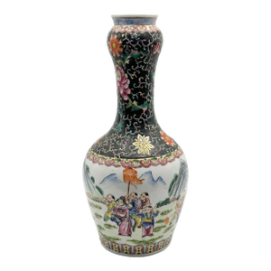 Vintage 14" Famille Noire & Rose "Boys at Play" Vase by Turtle and Crane - Chinoiserie Chic