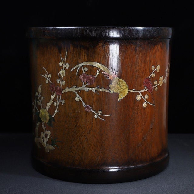 Late 20th Century Large Hardwood Brush Pot With Mother-of-Pearl Inlay and Calligraphy For Sale - Image 4 of 9