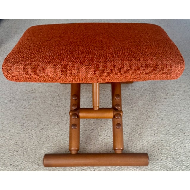 Classic Danish mid-century modern teak Balans Kneeling Stool, burgundy fabric.