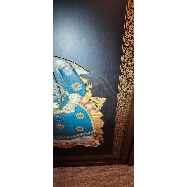20th C. Emperor and Empress Plaque Large - Mid-Century Chinoiserie Black Lacquer & High-Relief Soapstone Wall Panels. For Sale - Image 18 of 18