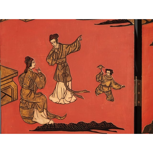 Wood 84"Tall Vintage Six Panel Oriental Asian Red Folding Screen Room Divider Palace For Sale - Image 7 of 18