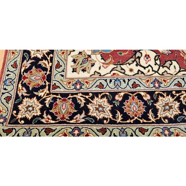 Vintage Persian Tabriz Area Rug, Hand-Knotted Wool & Silk, Floral Pattern, Pomegranate-Red & Navy, 3x5 For Sale - Image 18 of 18