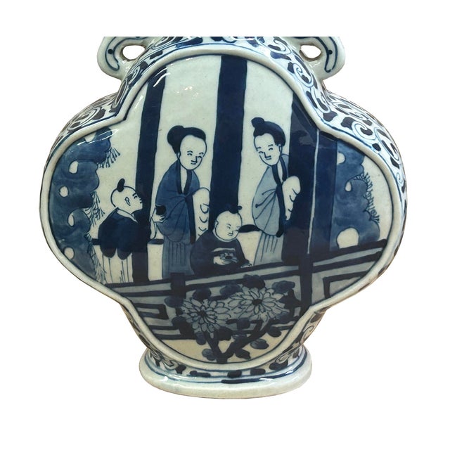 Chinese Blue White Porcelain MoonFlask Scenery Graphic Art Vase For Sale - Image 9 of 15