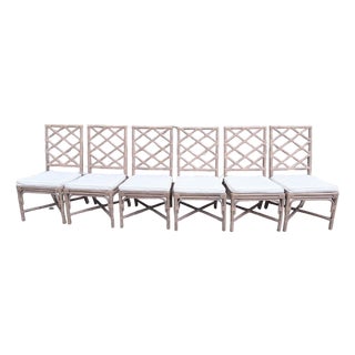 Chinese Chippendale Chinoiserie Rattan Taupe Side Dining Chairs With Zippered Seat Cushion - Set of 6 For Sale