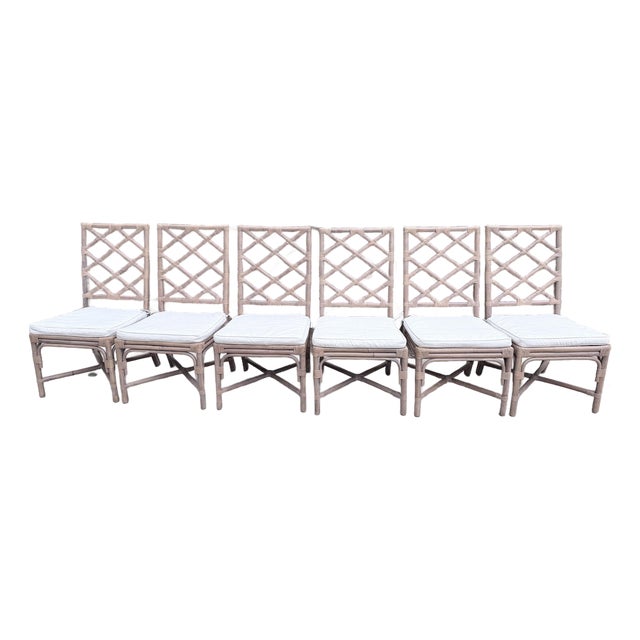 Chinese Chippendale Chinoiserie Rattan Taupe Side Dining Chairs With Zippered Seat Cushion - Set of 6 For Sale