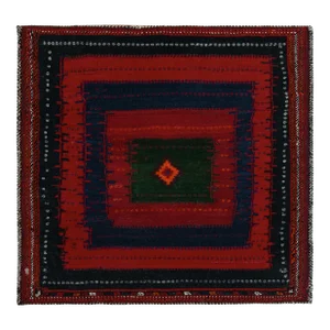 Vintage Sofreh Kilim Rug in Red, Green, Blue Tribal Geometric Pattern