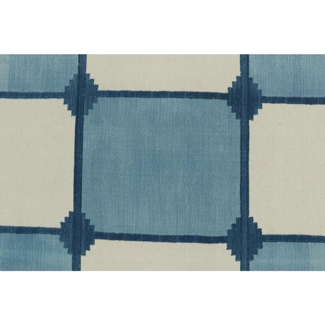 Contemporary Rug & Kilim’s Contemporary Dhurrie Rug in Blue & White Geometric Square Patterns For Sale - Image 3 of 7
