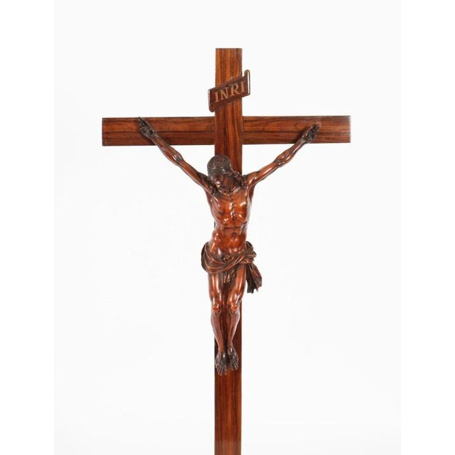 This is a distinctive antique French patinated boxwood altar Corpus Christi of Christ crucified on an olive wood cross,...