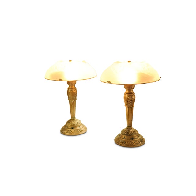 French Art Deco Frosted Glass and Brass Table Lamps, 1970s, Set of 2 For Sale - Image 12 of 14