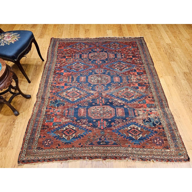 Red Late 19th Century Caucasian Soumak Rug, Handwoven Allover Geometric, Red & Blue, 5' x 7' For Sale - Image 8 of 17