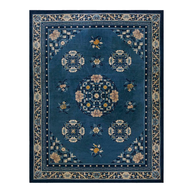 1980s Royal Blue Medallion Vintage Art Deco Modern Chinese Peking Room Size Rug For Sale
