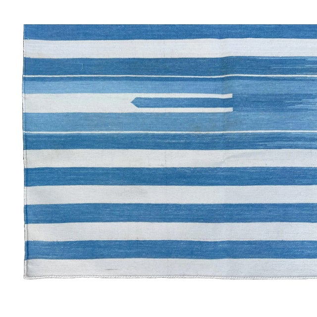 Handmade Cotton Natural Vegetable Dyed Area Rug, Sky Blue and White Striped Dhurrie-8'x10' For Sale - Image 10 of 12