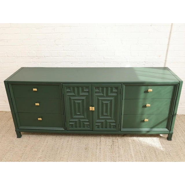 Mid 20th Century Vintage Dark Green Geometric Credenza With Brass Hardware For Sale - Image 5 of 12