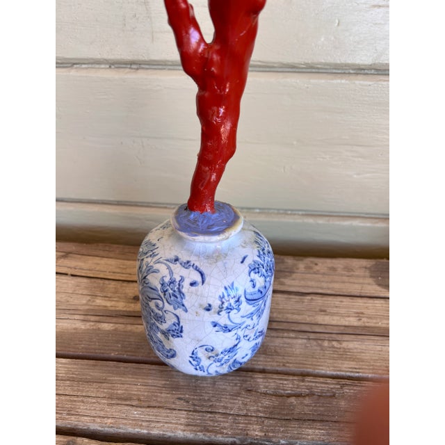 Chinoiserie Tall Chinoiserie Chic Style Faux Red Coral Specimen in Blue & White Vase For Sale - Image 3 of 9