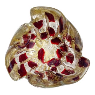 Vintage Murano Barovier Toso Red Spots Gold Flecks Italian Art Glass Mid Century Bowl Ashtray For Sale