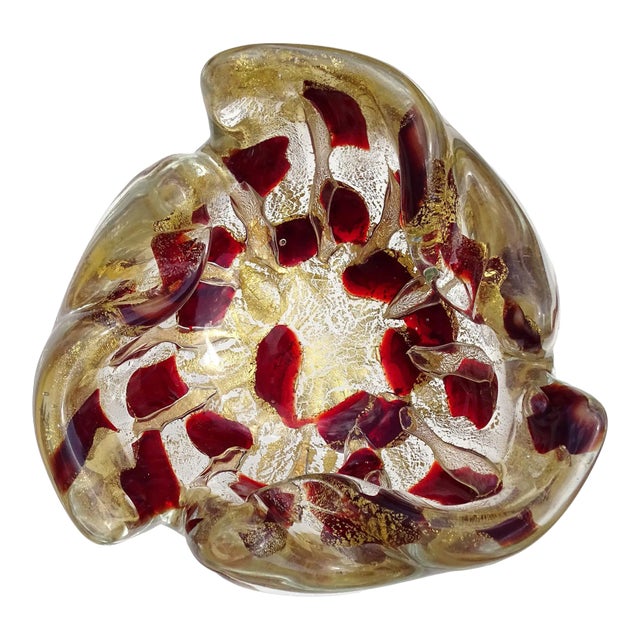 Vintage Murano Barovier Toso Red Spots Gold Flecks Italian Art Glass Mid Century Bowl Ashtray For Sale